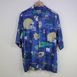 Vintage Reyn Spooner Notre Dame Fighting Irish Hawaiian Shirt L Rayon Blue AOP